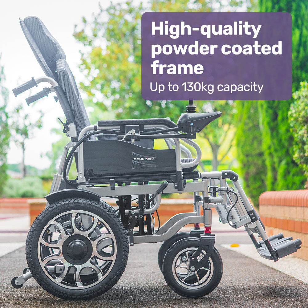 Hlpmedical EQUIPMED Power Electric Wheelchair with auto recline, lithium battery, 16-inch rear wheels, headrest, and folding design in grey/black.