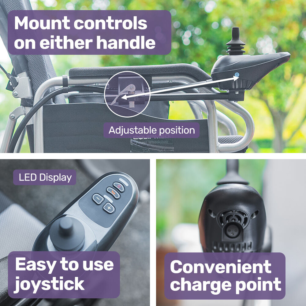 Hlpmedical EQUIPMED Power Electric Wheelchair in grey/black with 16-inch rear wheels, headrest, auto recline, folding frame, lithium battery