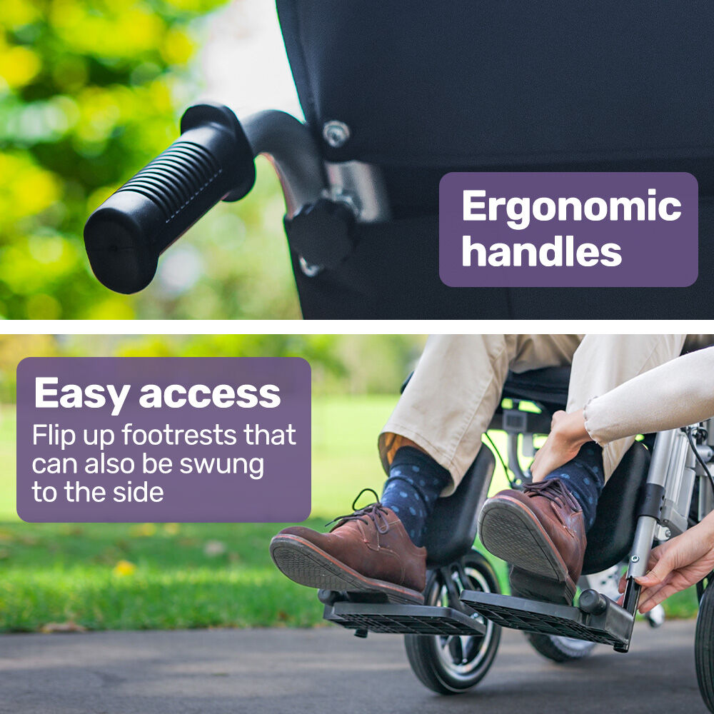 Hlpmedical Equipmed Power Electric Wheelchair with 16-inch rear wheels, headrest, folding frame, lithium battery, grey and black color.