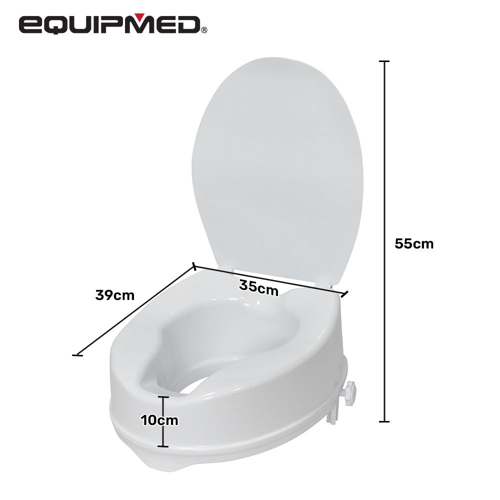 Hlpmedical EQUIPMED raised over toilet seat with lid, 10cm height, white, sturdy design for mobility and accessibility.