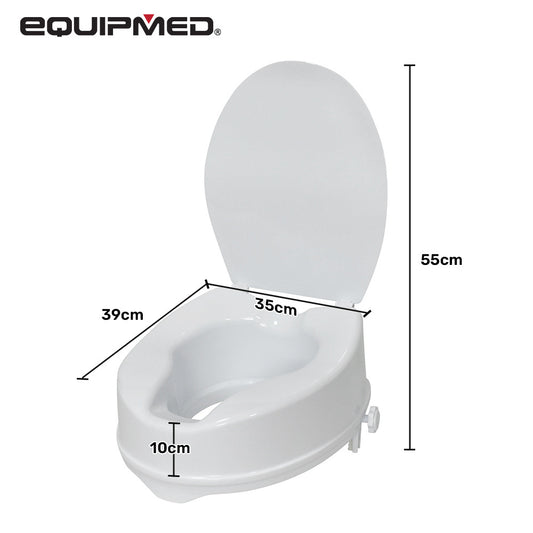 Hlpmedical EQUIPMED raised over toilet seat with lid, 10cm height, white, sturdy design for mobility and accessibility.
