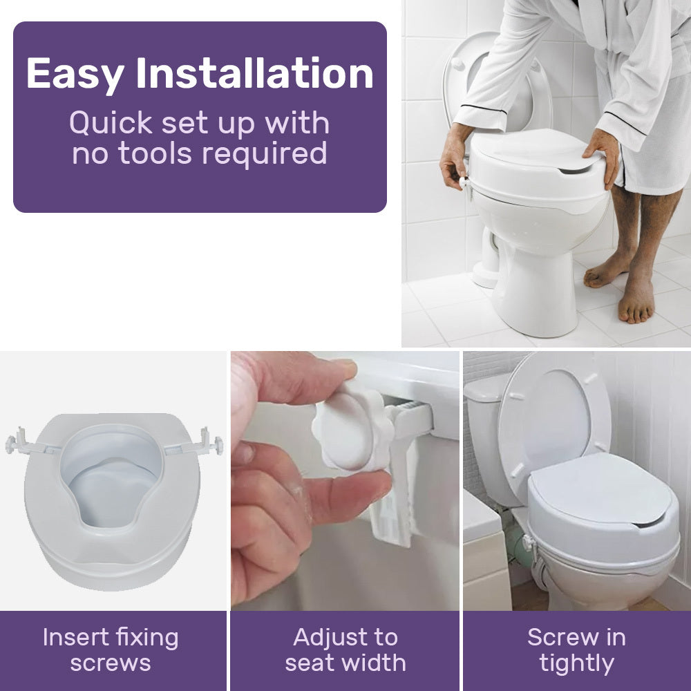 Hlpmedical EQUIPMED raised over toilet seat in white with lid, 10cm height, supports up to 125kg for enhanced mobility and accessibility.
