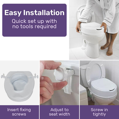 Hlpmedical EQUIPMED raised over toilet seat in white with lid, 10cm height, supports up to 125kg for enhanced mobility and accessibility.