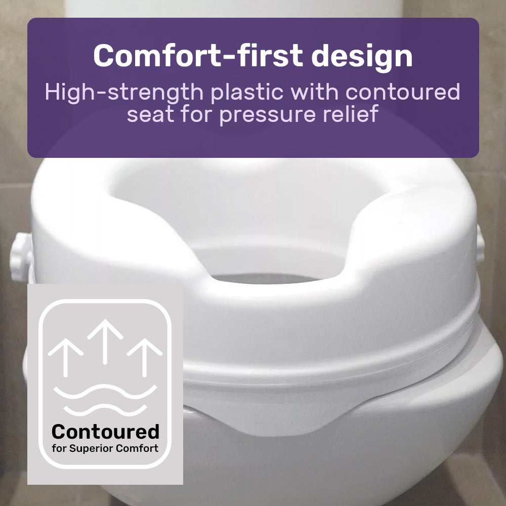 White EQUIPMED raised over toilet seat with lid, 10cm height, supports up to 125kg, designed for mobility and accessibility.