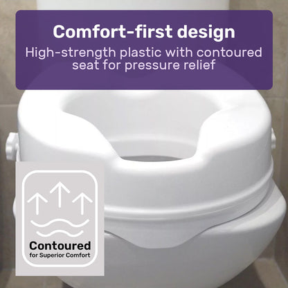 White EQUIPMED raised over toilet seat with lid, 10cm height, supports up to 125kg, designed for mobility and accessibility.