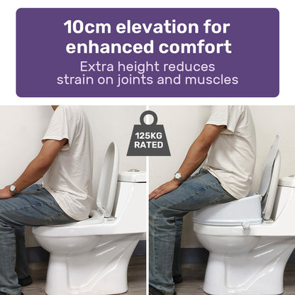 White EQUIPMED Raised Over Toilet Seat with lid, 10cm riser, supports up to 125kg, designed for improved toilet accessibility and comfort.