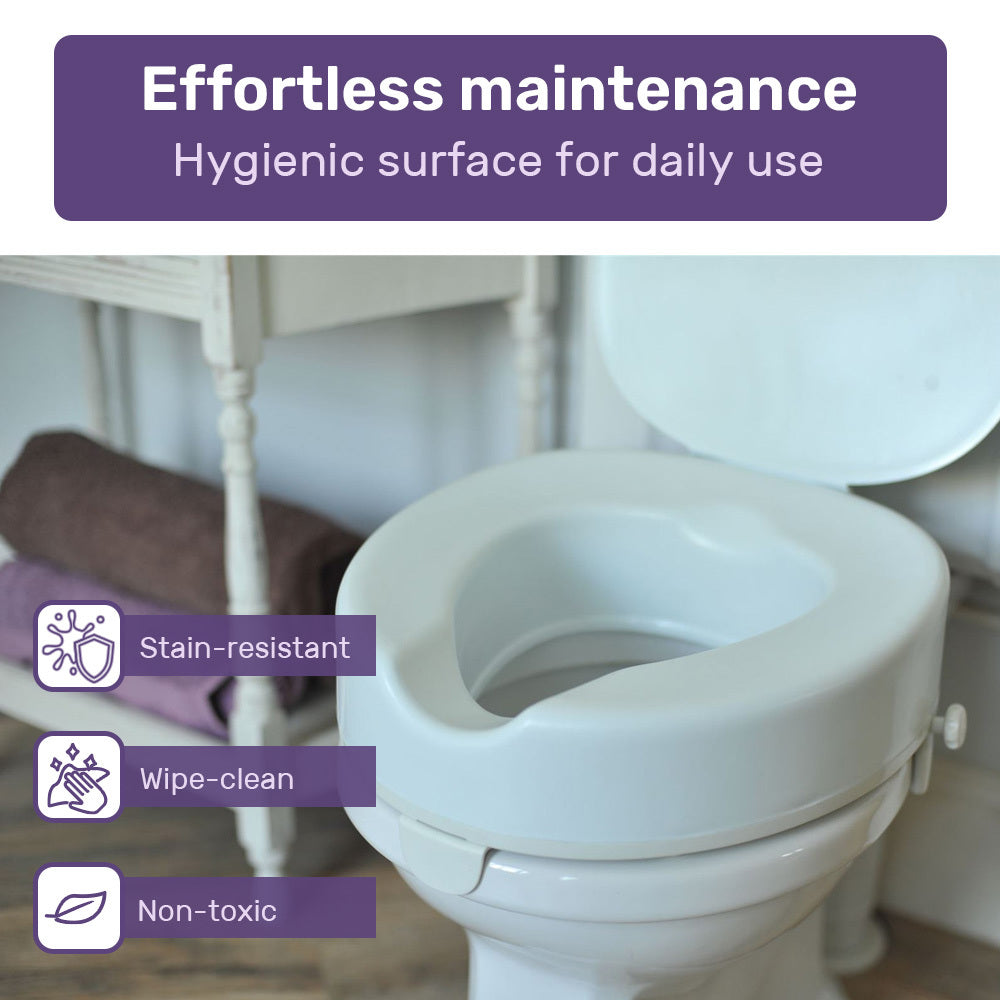Hlpmedical EQUIPMED raised over toilet seat in white, 10cm height, with lid, supports up to 125kg, for improved accessibility.