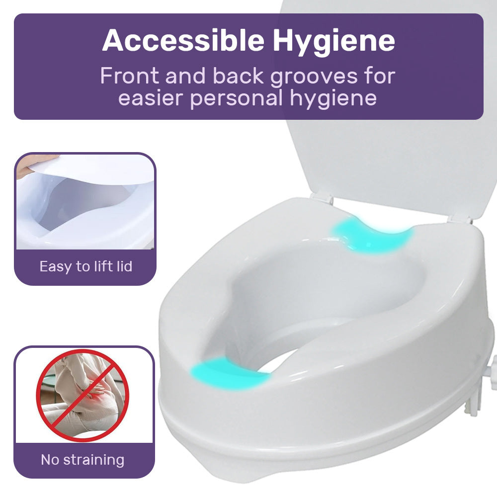 White EQUIPMED Raised Over Toilet Seat with lid, 10cm riser, supports up to 125kg, for improved mobility and accessibility.