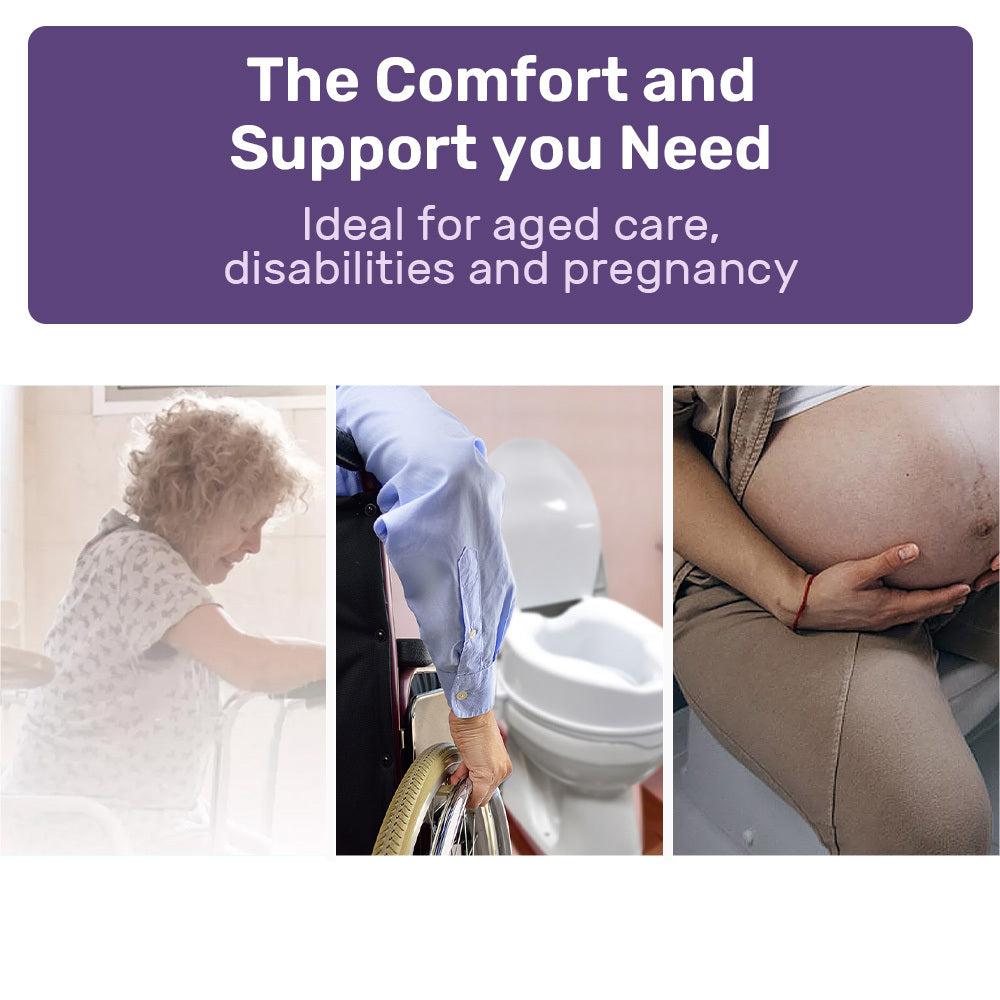 White EQUIPMED Raised Over Toilet Seat with lid, 10cm height, supports up to 125kg for improved mobility and accessibility.