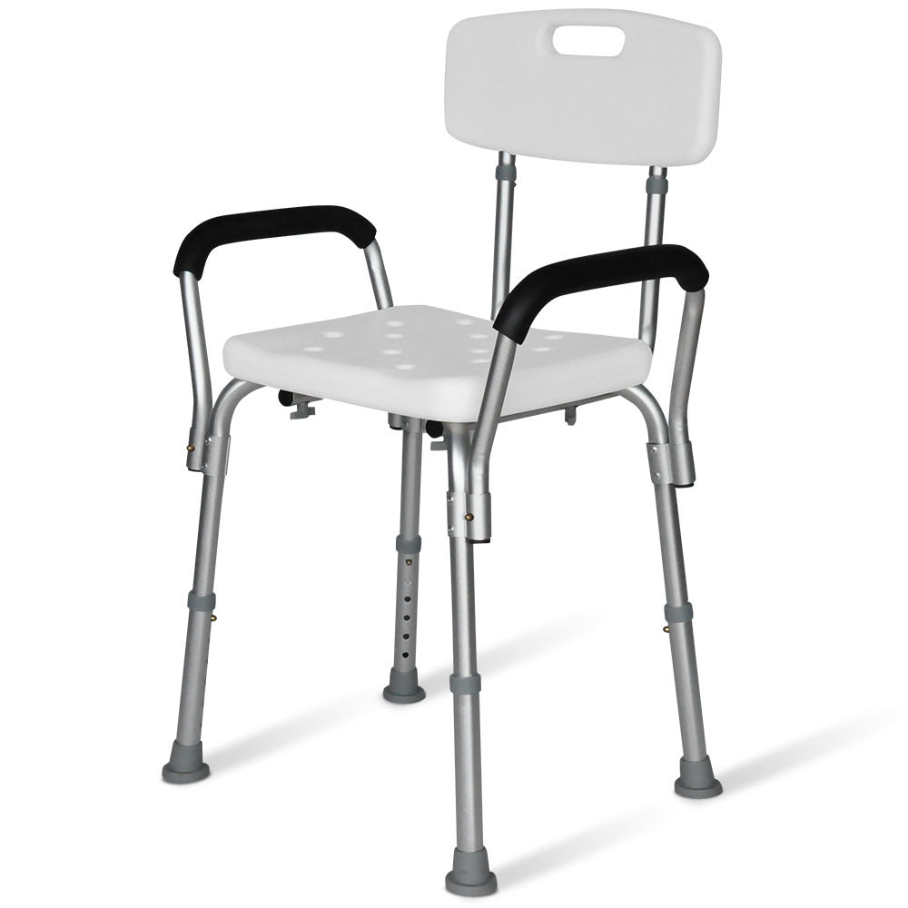 Equipmed shower chair bath seat with arms, white, adjustable height, sturdy design, suitable for elderly, supports up to 120kg.
