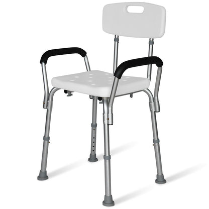 Equipmed shower chair bath seat with arms, white, adjustable height, sturdy design, suitable for elderly, supports up to 120kg.
