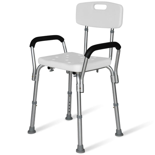 Equipmed shower chair bath seat with arms, white, adjustable height, sturdy design, suitable for elderly, supports up to 120kg.