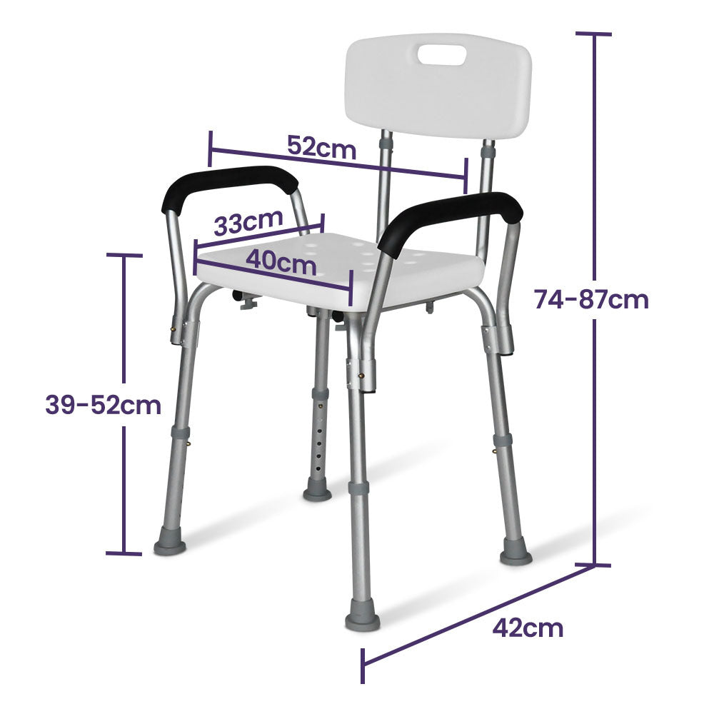 Hlpmedical EQUIPMED shower chair with arms, adjustable height, white bath seat, supports up to 120kg for elderly mobility aid.