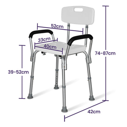 Hlpmedical EQUIPMED shower chair with arms, adjustable height, white bath seat, supports up to 120kg for elderly mobility aid.