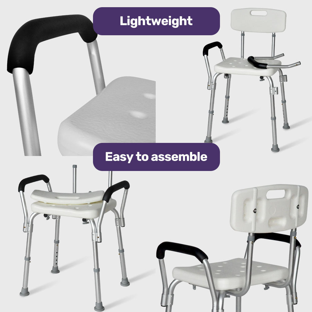 White EQUIPMED shower chair bath seat with arms, adjustable height, for elderly, supports up to 120kg, designed for mobility and safety.