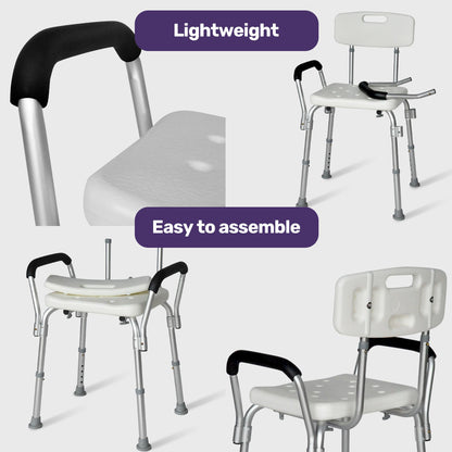 White EQUIPMED shower chair bath seat with arms, adjustable height, for elderly, supports up to 120kg, designed for mobility and safety.