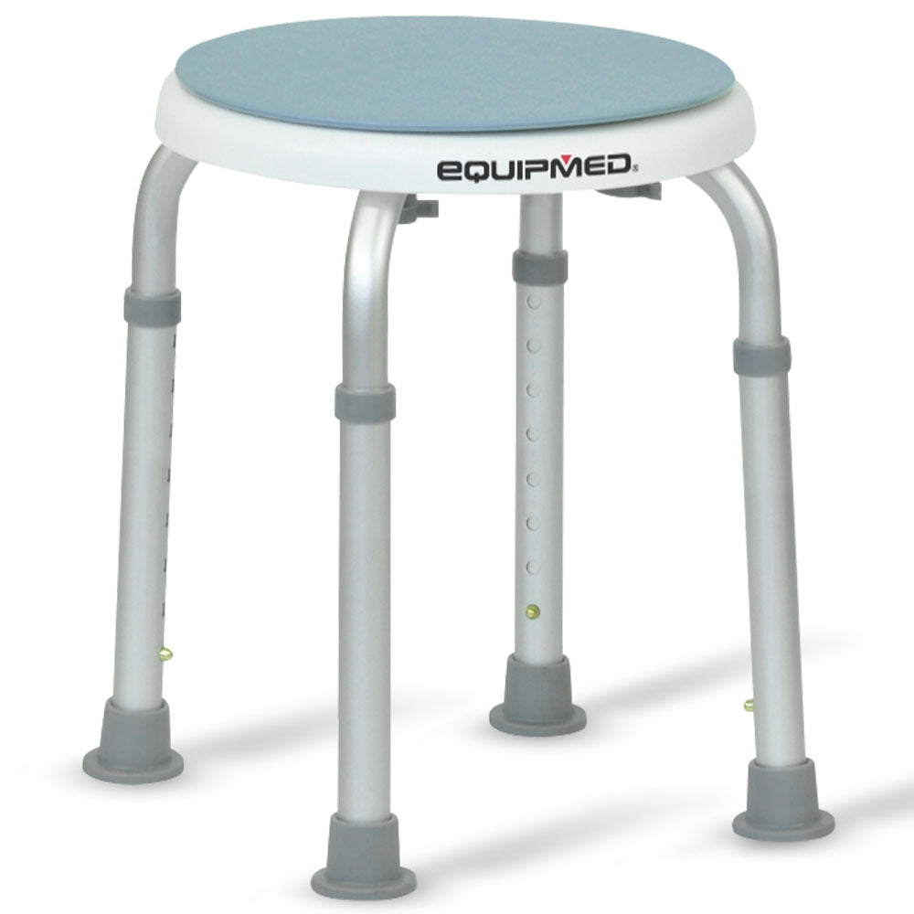 Equipmed Shower Chair Bath Stool by Hlpmedical with 360-degree swivel seat in white and blue for elderly mobility and safety.
