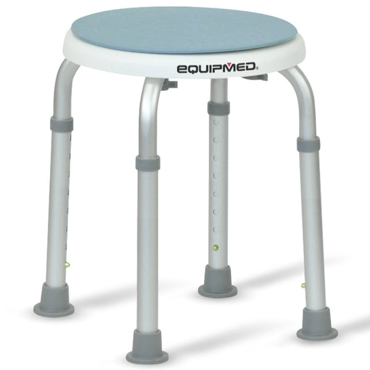 Equipmed Shower Chair Bath Stool by Hlpmedical with 360-degree swivel seat in white and blue for elderly mobility and safety.