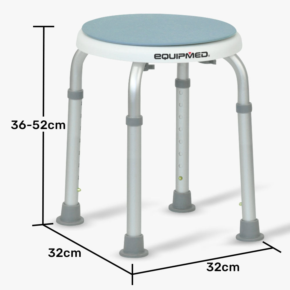 Equipmed Shower Chair Bath Stool by Hlpmedical with white and blue design, featuring a 360-degree swivel seat for elderly mobility.