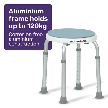 Equipmed Shower Chair Bath Stool by Hlpmedical with white and blue design, featuring a 360-degree swivel seat for elderly mobility.