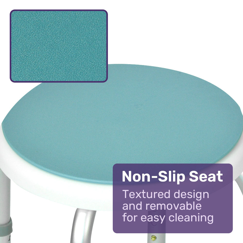 Equipmed shower chair bath stool with 360-degree swivel seat, white and blue, designed for elderly mobility and safety.