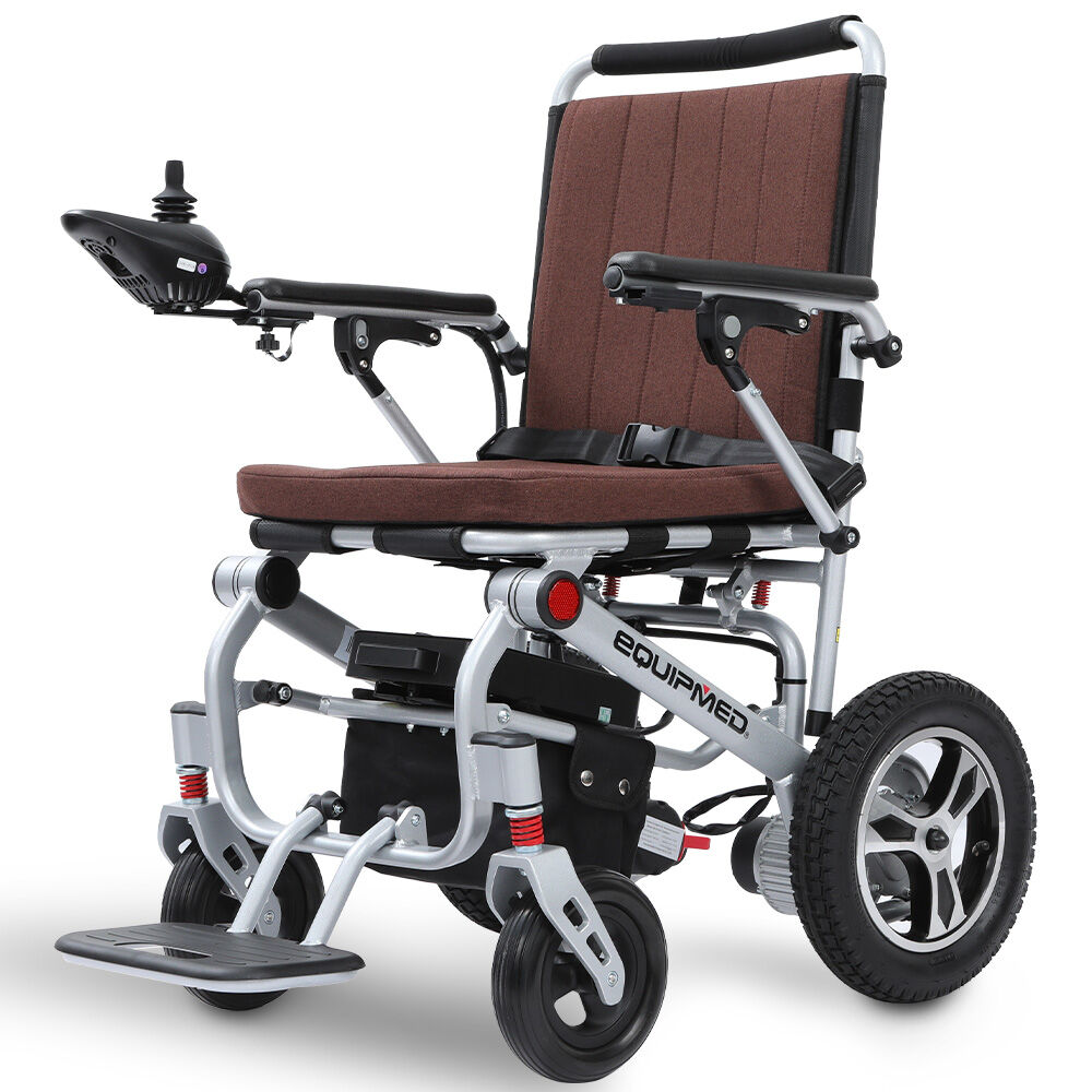 Hlpmedical EQUIPMED ultra-light power wheelchair with brown aluminium frame and lithium battery, designed for tight turning and airline travel.