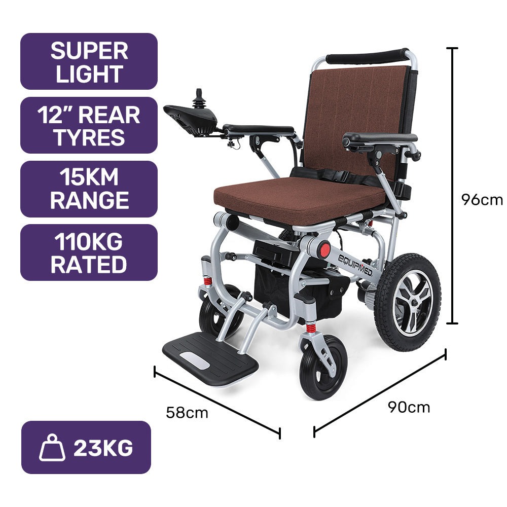 Hlpmedical EQUIPMED ultra-light power wheelchair with brown aluminium frame, lithium battery, tight turning, airline approved, ARTG certified