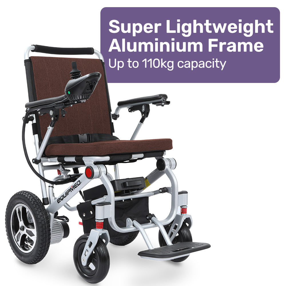 Hlpmedical Equipmed ultra-light power wheelchair with brown frame, tight turning, airline approved, aluminium build, lithium battery.