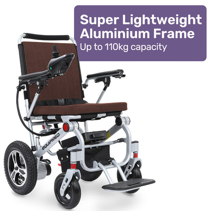 Hlpmedical Equipmed ultra-light power wheelchair with brown frame, tight turning, airline approved, aluminium build, lithium battery.