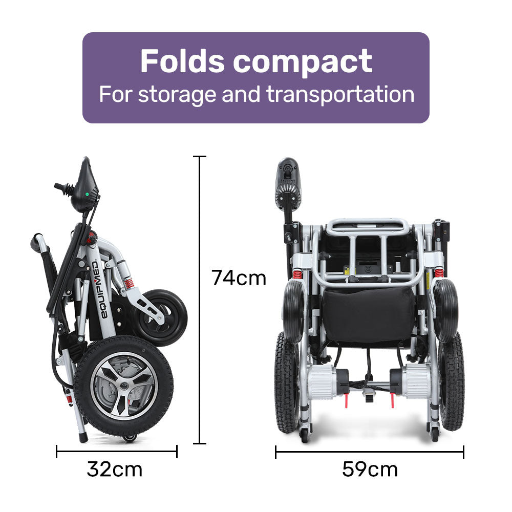 Hlpmedical EquipMed ultra-light power wheelchair with brown aluminium frame, lithium battery, tight turning, airline approved, ARTG certified