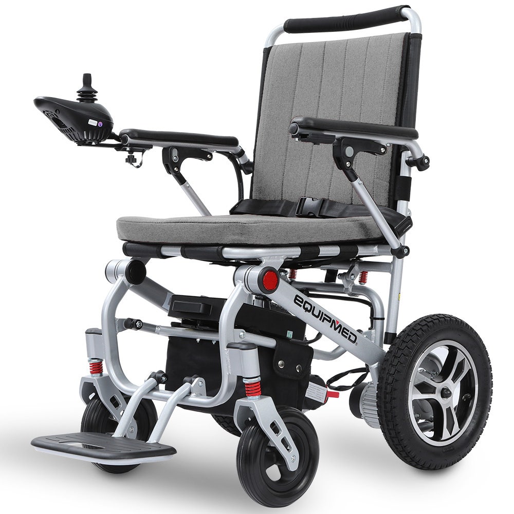 Hlpmedical EQUIPMED ultra-light power wheelchair with grey aluminium frame, lithium battery, folding design, and tight turning capability.