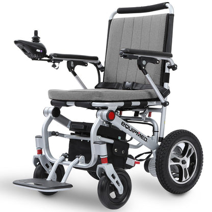 Hlpmedical EQUIPMED ultra-light power wheelchair with grey aluminium frame, lithium battery, folding design, and tight turning capability.