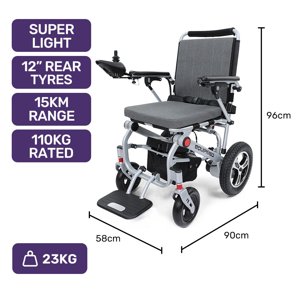 Hlpmedical EQUIPMED ultra-light power wheelchair with grey aluminium frame, foldable design, lithium battery, suitable for tight turns.