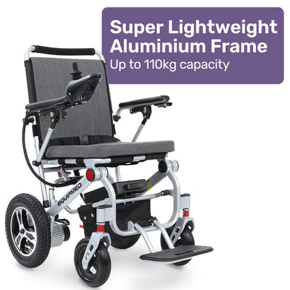 Hlpmedical EQUIPMED ultra-light power wheelchair in grey with folding frame, lithium battery, designed for tight turns and airline travel.