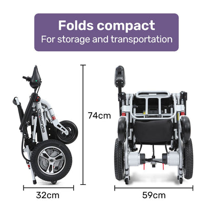Hlpmedical Equipmed ultra-light power wheelchair with grey aluminium frame, foldable, tight turning, airline approved, lithium battery.