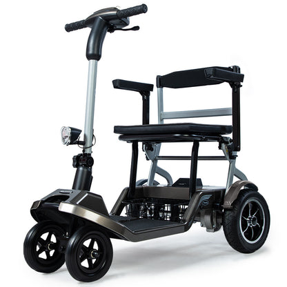 Hlpmedical EQUIPMED ultra-lightweight folding electric mobility scooter with battery removed, showing compact design and portable features.