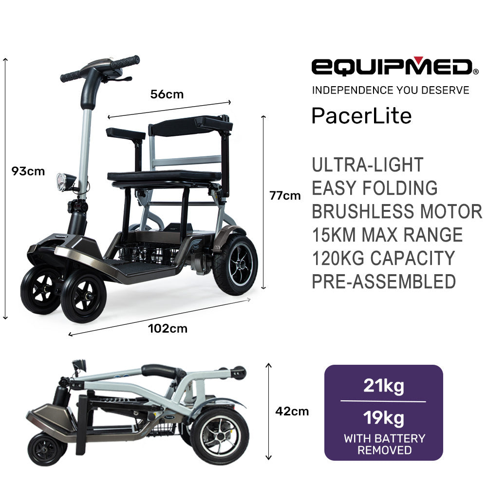 Hlpmedical EQUIPMED ultra-lightweight folding electric mobility scooter with battery removed, 19kg, 120kg capacity, portable and long-range