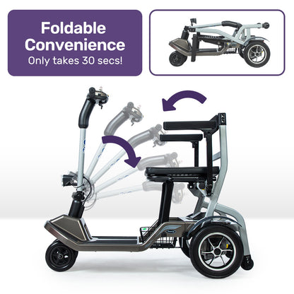 Hlpmedical EquipMed ultra-lightweight folding electric mobility scooter with battery removed, showcasing its compact design and portability.