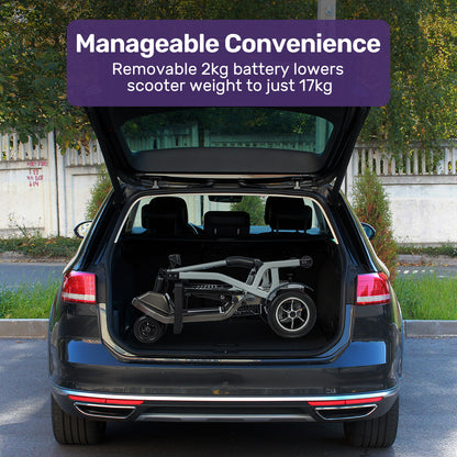 Hlpmedical EQUIPMED ultra-lightweight folding electric mobility scooter with battery removed, 19kg weight, portable and long-range.