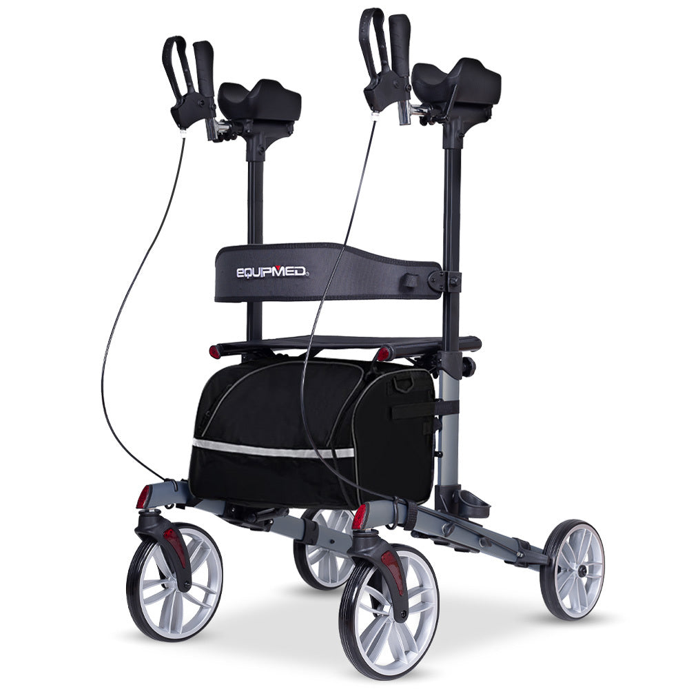 Hlpmedical EQUIPMED upright rollator walker with forearm rests, mobility aid with seat, in grey for enhanced stability and support.