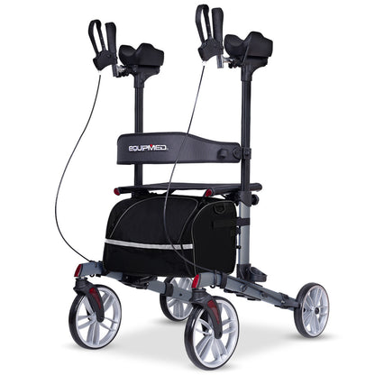 Hlpmedical EQUIPMED upright rollator walker with forearm rests, mobility aid with seat, in grey for enhanced stability and support.