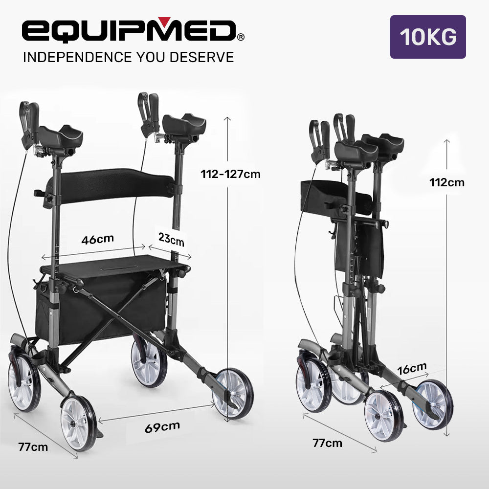Hlpmedical EQUIPMED upright rollator walker with forearm rests, seat, and grey frame for mobility and support.