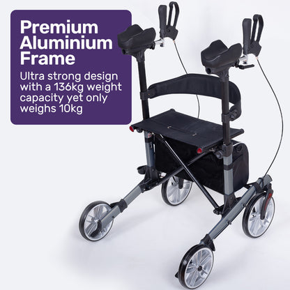 Grey EQUIPMED Upright Rollator Walker with forearm rest supports and seat, designed for mobility and accessibility assistance.