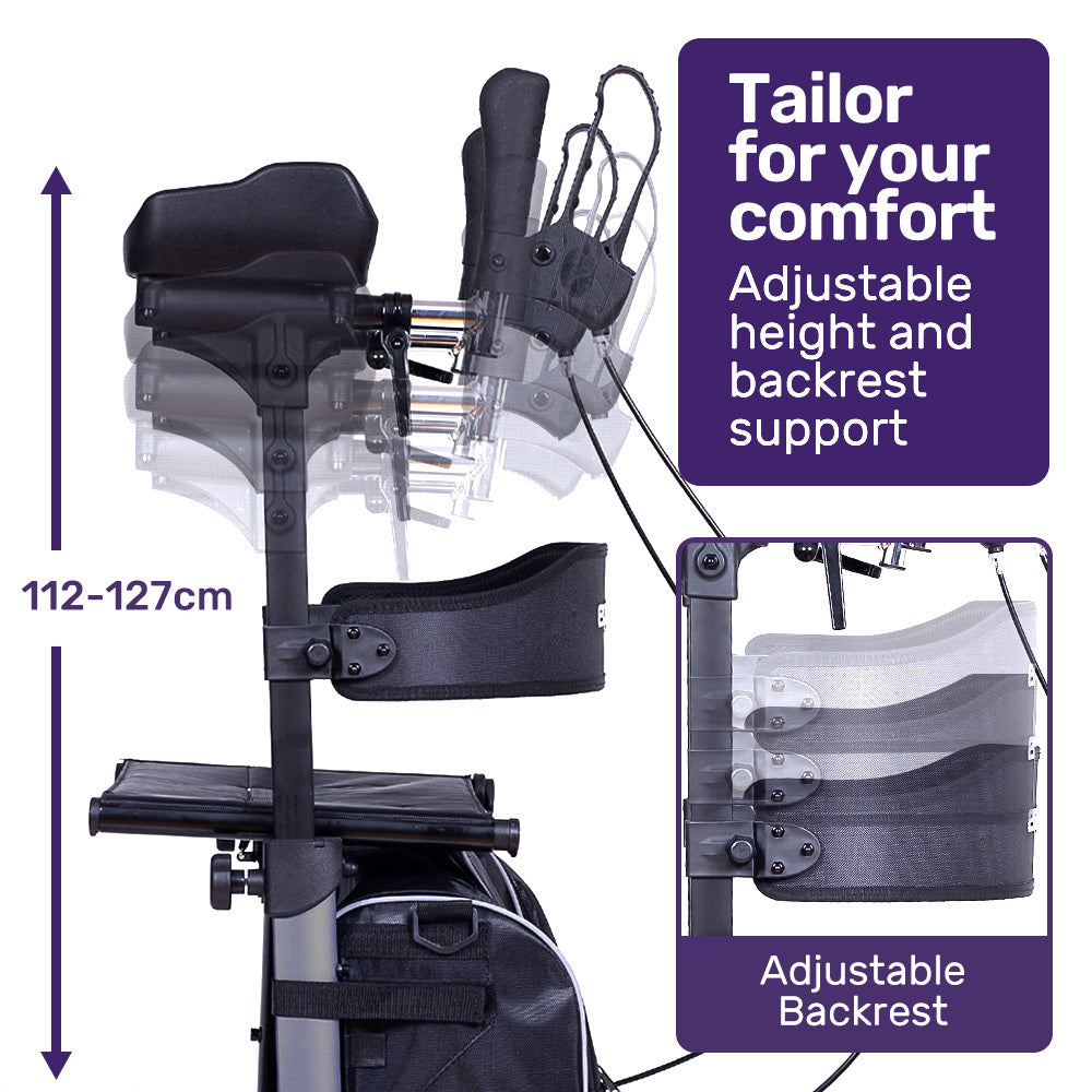 Grey EQUIPMED upright rollator walker with forearm rest supports, seat, and mobility aid for enhanced accessibility and support.
