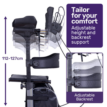 Grey EQUIPMED upright rollator walker with forearm rest supports, seat, and mobility aid for enhanced accessibility and support.