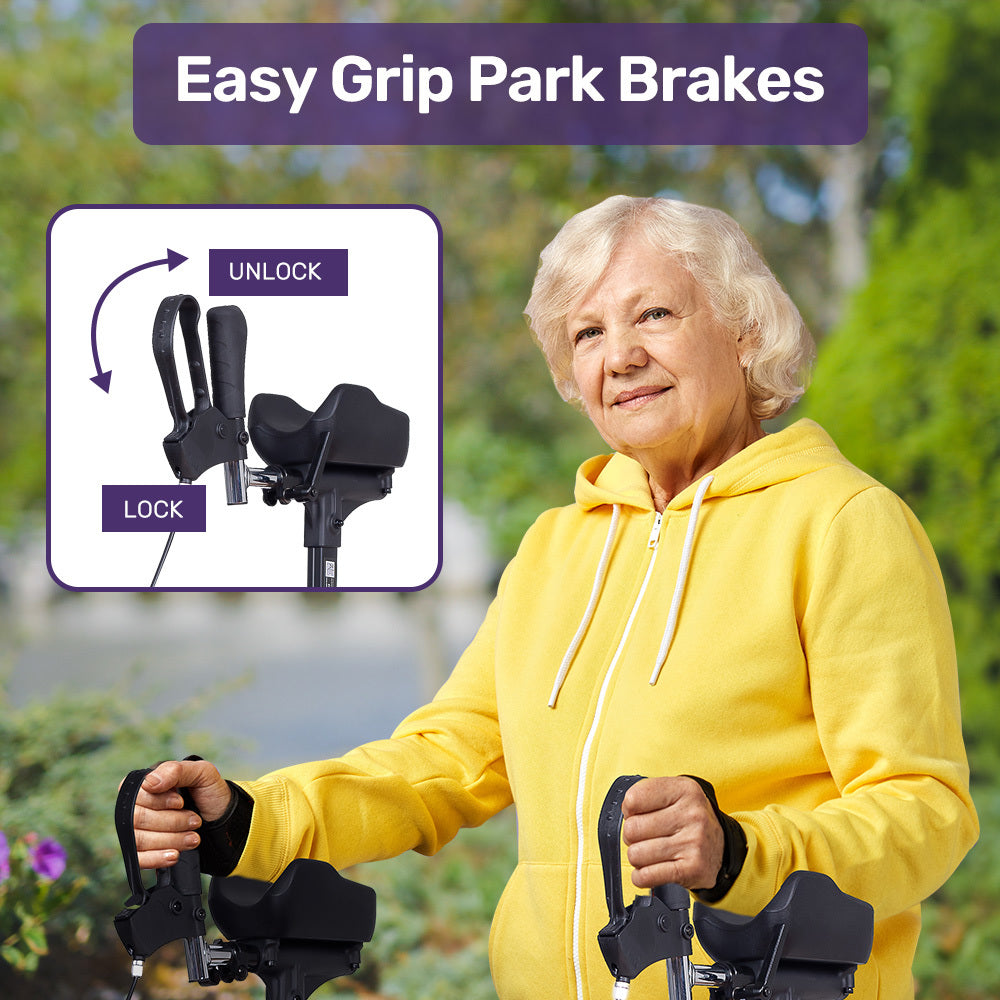 Grey EQUIPMED Upright Rollator Walker with forearm rest supports and seat, a mobility aid designed for comfort and stability.