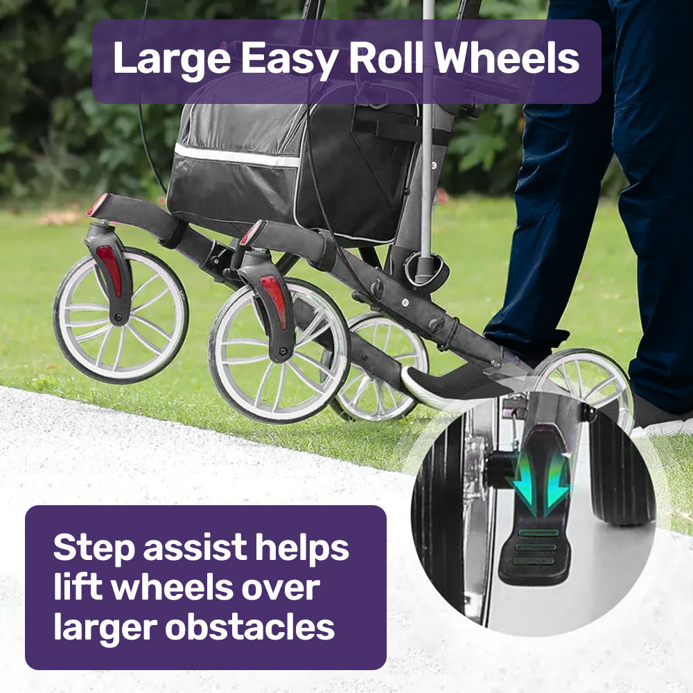 Hlpmedical EQUIPMED upright rollator walker with forearm rests, seat, and grey frame for mobility and support.