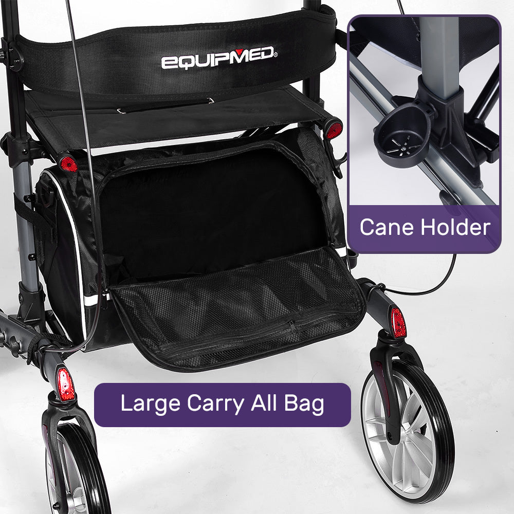 Hlpmedical EQUIPMED Upright Rollator Walker with forearm rests, built-in seat, in grey for mobility and support.