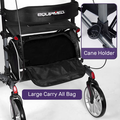 Hlpmedical EQUIPMED Upright Rollator Walker with forearm rests, built-in seat, in grey for mobility and support.