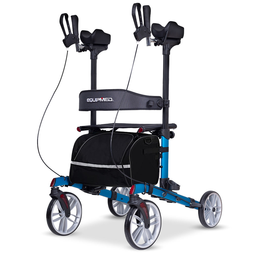 Blue EQUIPMED Upright Rollator Walker with forearm support rests, seat, and mobility aid for enhanced stability and ease of use.